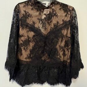 NWT Tracy Reese Black Sheer Lace Peplum Mock Neck Top, 3/4 Sleeve, Size Large